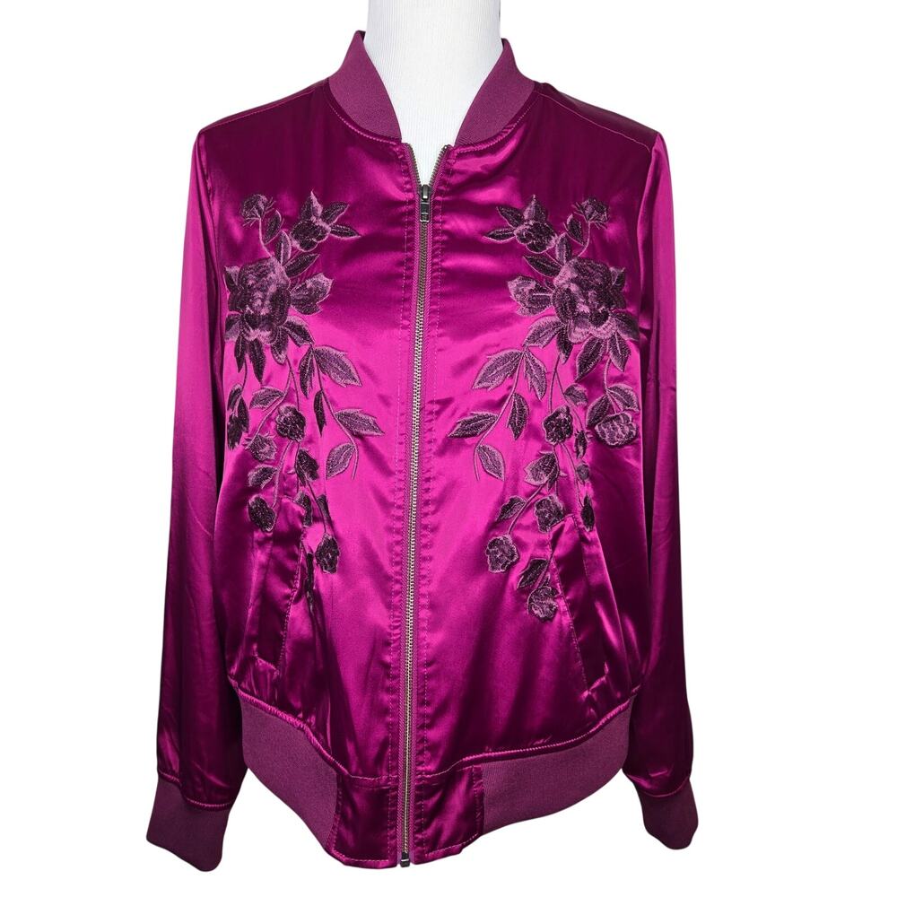 Torrid Size 0X Satin Magenta Bomber Jacket Embroidered Purple Pink 12 Large